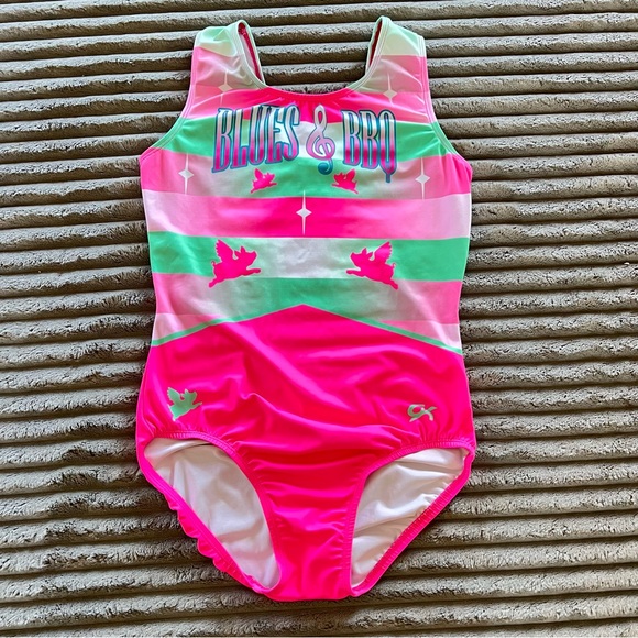 GK Swimsuit /Leotard Blues & BBQ Pink and Green Adult Size L - Picture 1 of 7